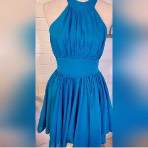 Moda International Turquoise Cotton Halter Mini Skater Dress Open Back Size 10